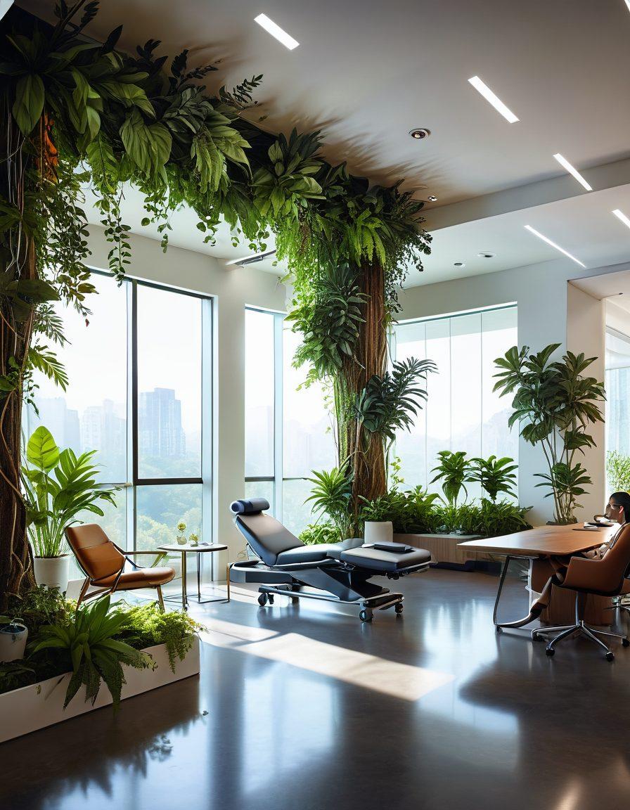 A futuristic healthcare setting showcasing advanced holistic healing techniques. Include diverse healthcare professionals collaborating with patients in a serene environment, surrounded by plants and natural light. Display technology such as wearable health devices and telemedicine screens. Evoke a sense of calm, innovation, and community. vibrant colors. super-realistic. 3D.