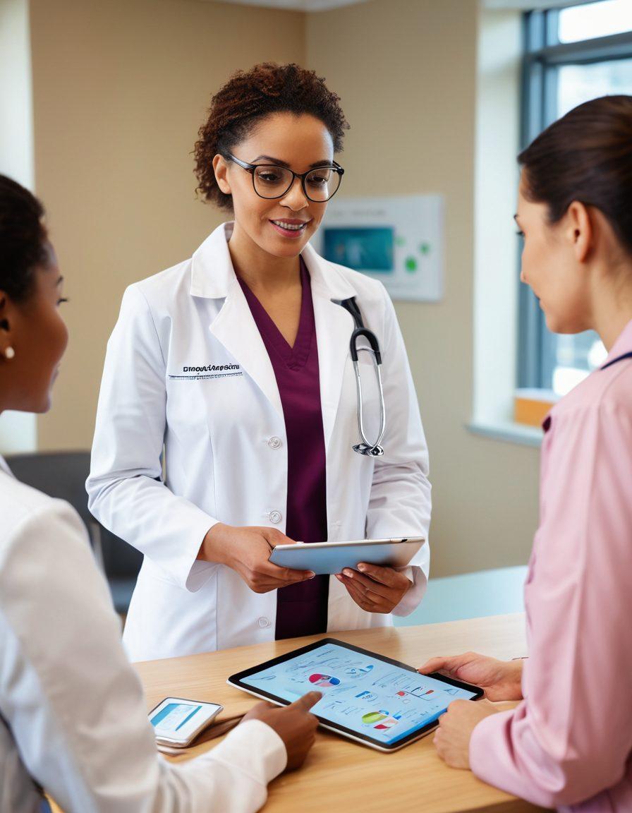 A caring healthcare professional discussing preventive medicine with a diverse group of patients in a bright, modern clinic. Include visuals of health management tools like charts and health apps on a digital tablet. Show a sense of empowerment and hope on the patients’ faces. Warm, inviting colors and a community feel are essential. super-realistic. vibrant colors. modern clinic setting.