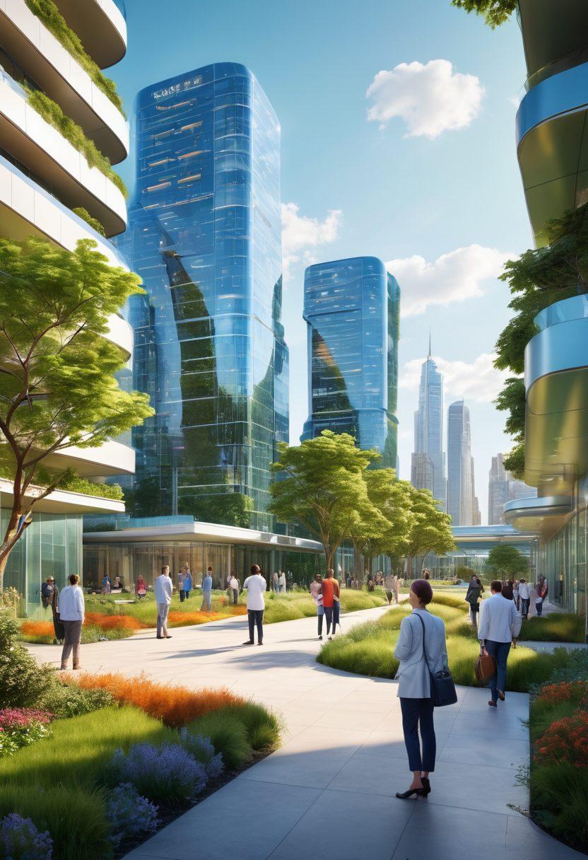 A futuristic city skyline with advanced medical facilities featuring green rooftops and sleek designs. People are interacting harmoniously with robotic healthcare assistants in a park-like environment. The scene conveys a sense of wellness and technology blend, showcasing innovative health monitoring devices. Bright, uplifting colors to reflect optimism about future healthcare. super-realistic. vibrant colors. 3D.